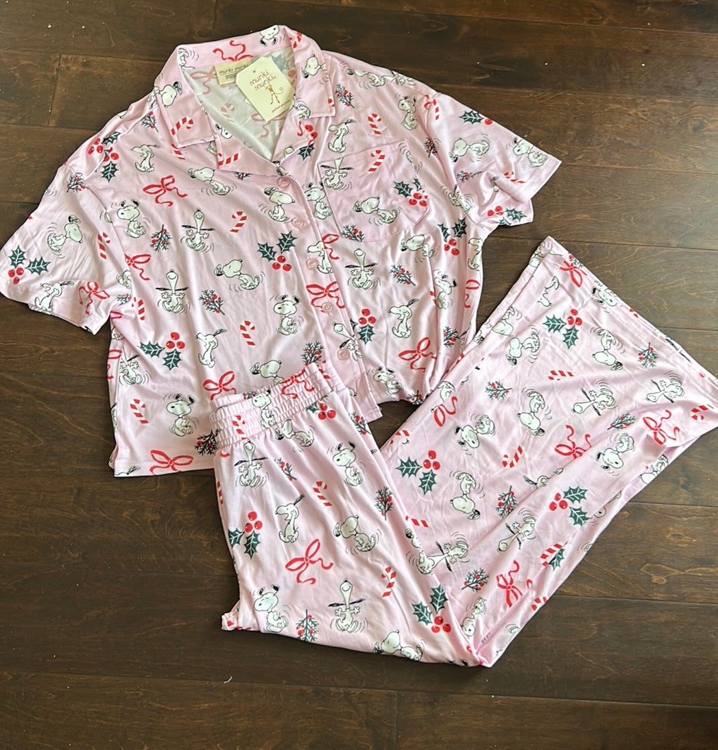 Munki Munki Snoopy Peanuts Pajama Set Womens New Christmas Holly Berry
