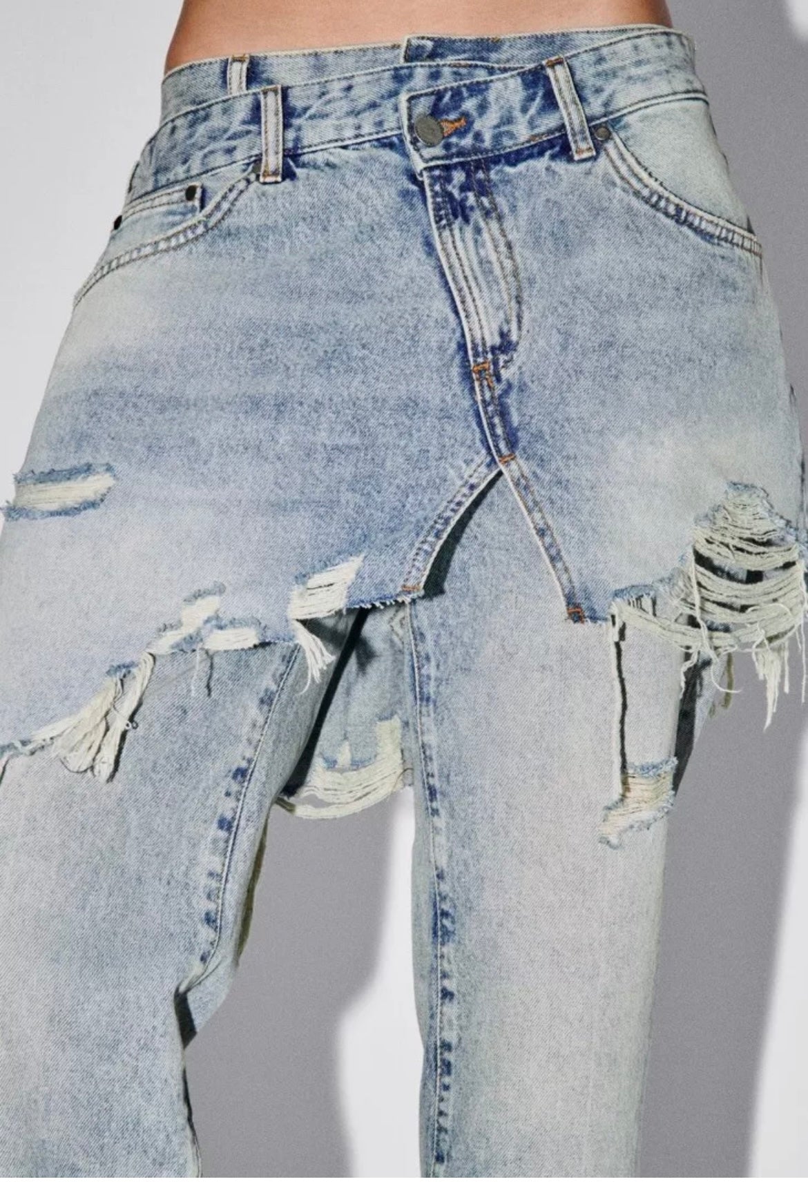 ZARA WOMAN NWT ZW STRAIGHT-LEG MID-RISE Layered JEANS FADED BLUE Sz 0
