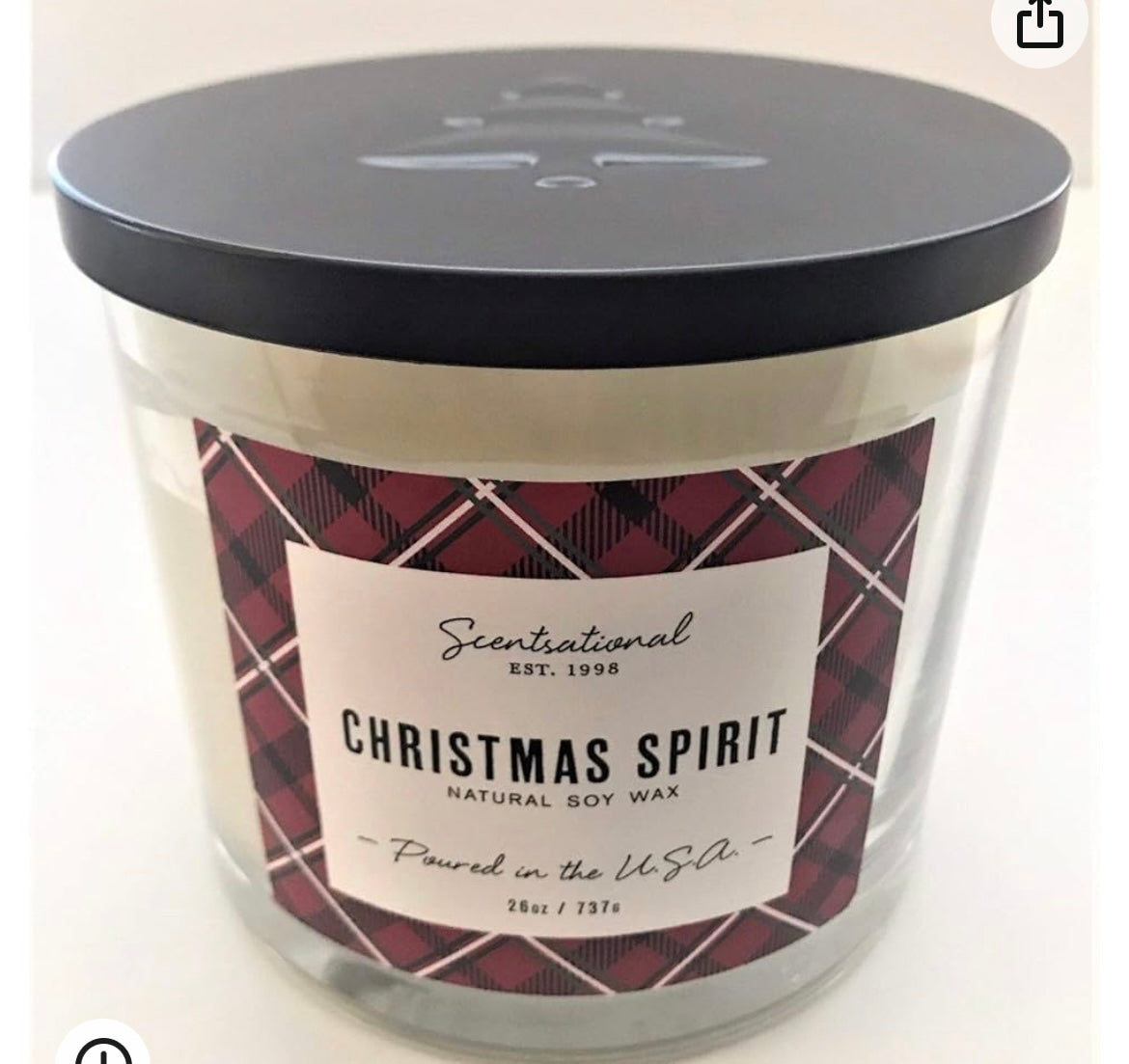 Scentsational Christmas Spirit Candle Glass Jar 26oz Red Plaid Design