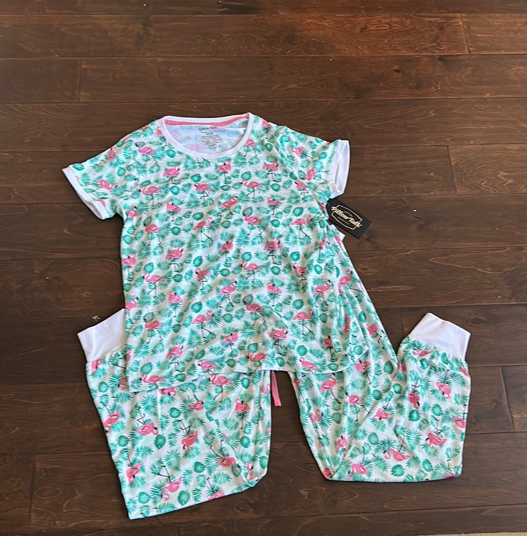Pillow Talk 2 Pc Pajama Set New Flamingoes Tropical Palm Fronds New