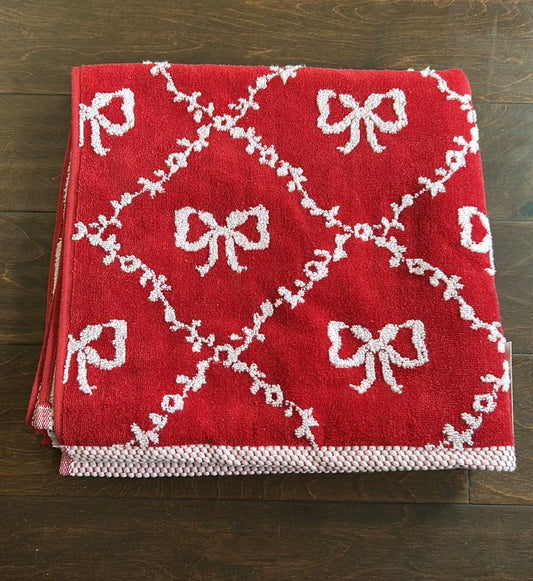 Laura Ashley Home Christmas Red & White Bows Bathroom Bath Towel Set of 2 NEW