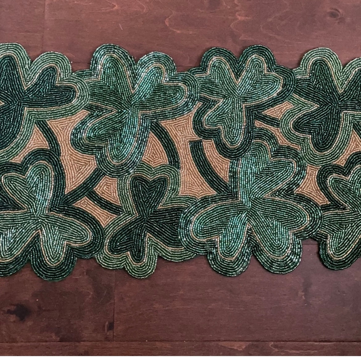 St Patricks Day Table Runner  Irish Clover Beaded Centerpiece Green Gold