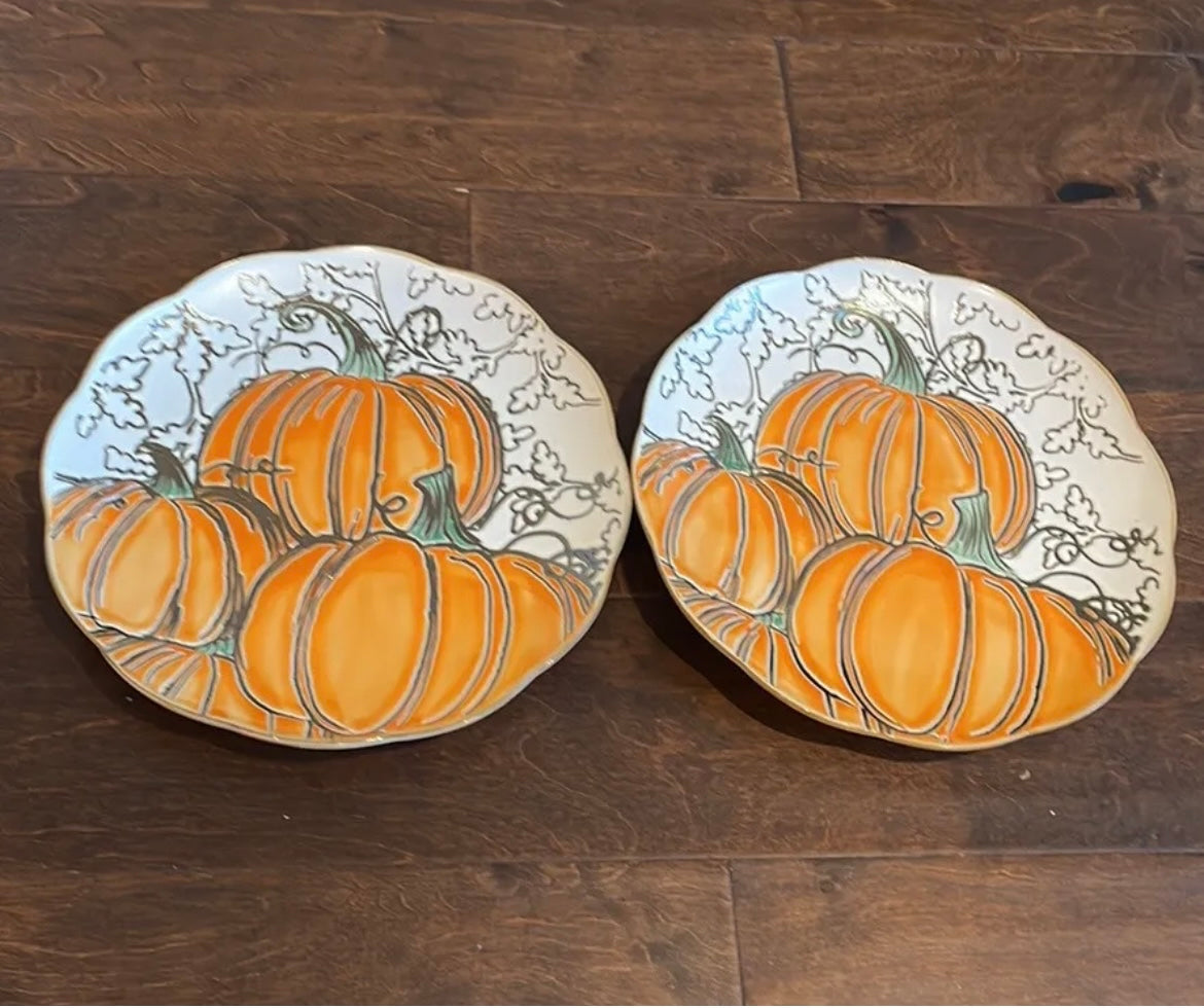 Eli & Ana Pumpkin Leaves Thanksgiving 4 Salad Plates Ceramic Round Scalloped