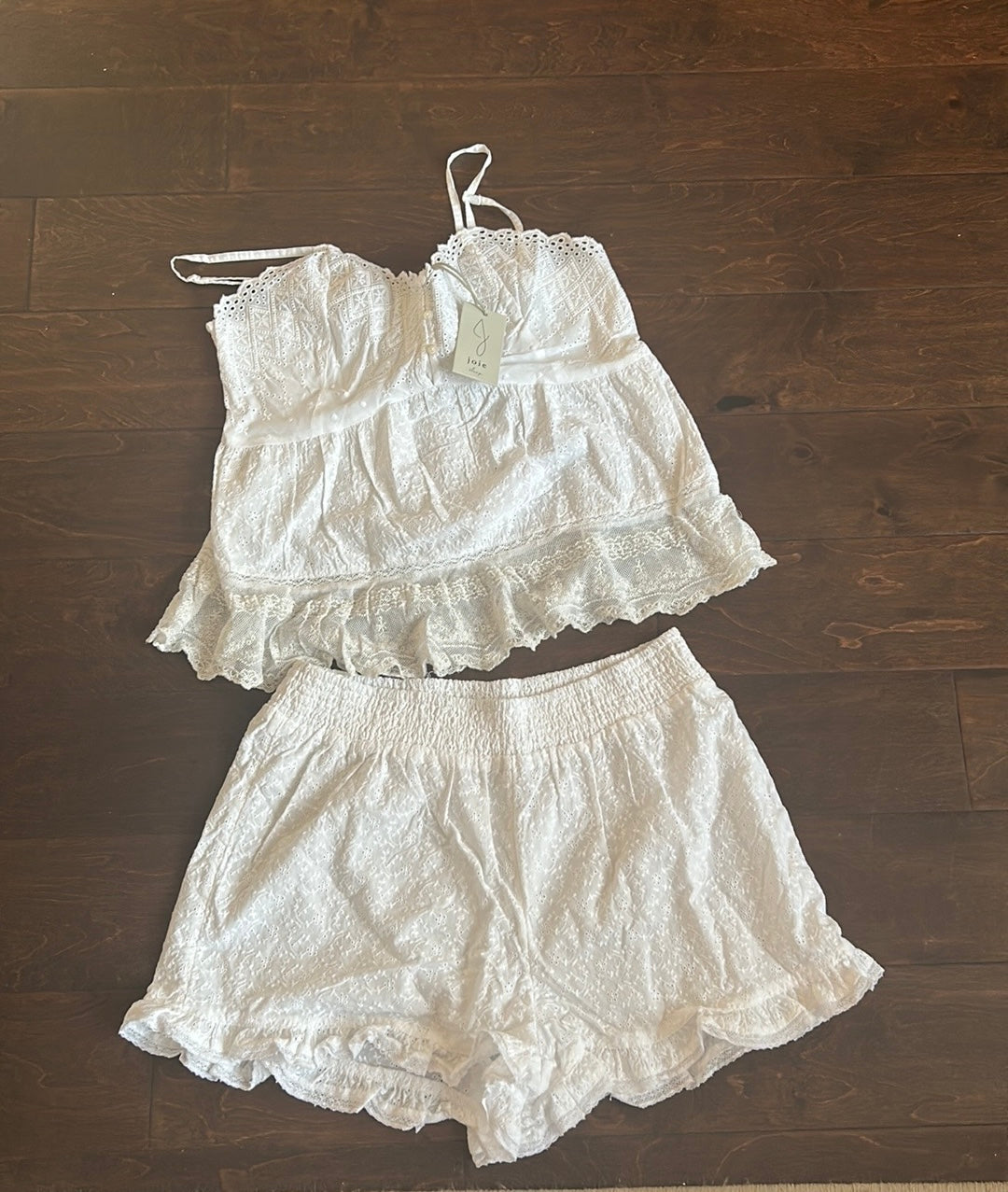Joie Womens White Eyelet Pajama Set Shorts Top New Lace Detail Cotton Sz M