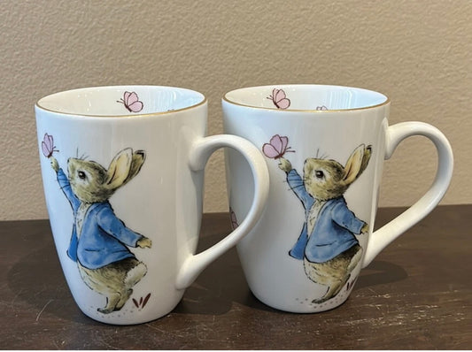 Beatrix Potter Peter Rabbit Bunny Easter Set of 4 Mugs Gold Rim New