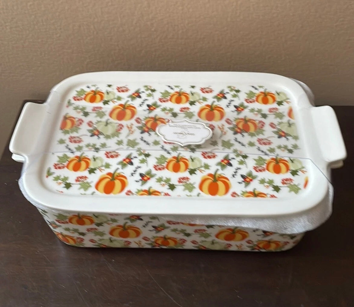 Grace Pantry Pumpkins Rectangular Porcelain Casserole Baking Dish & Lid New