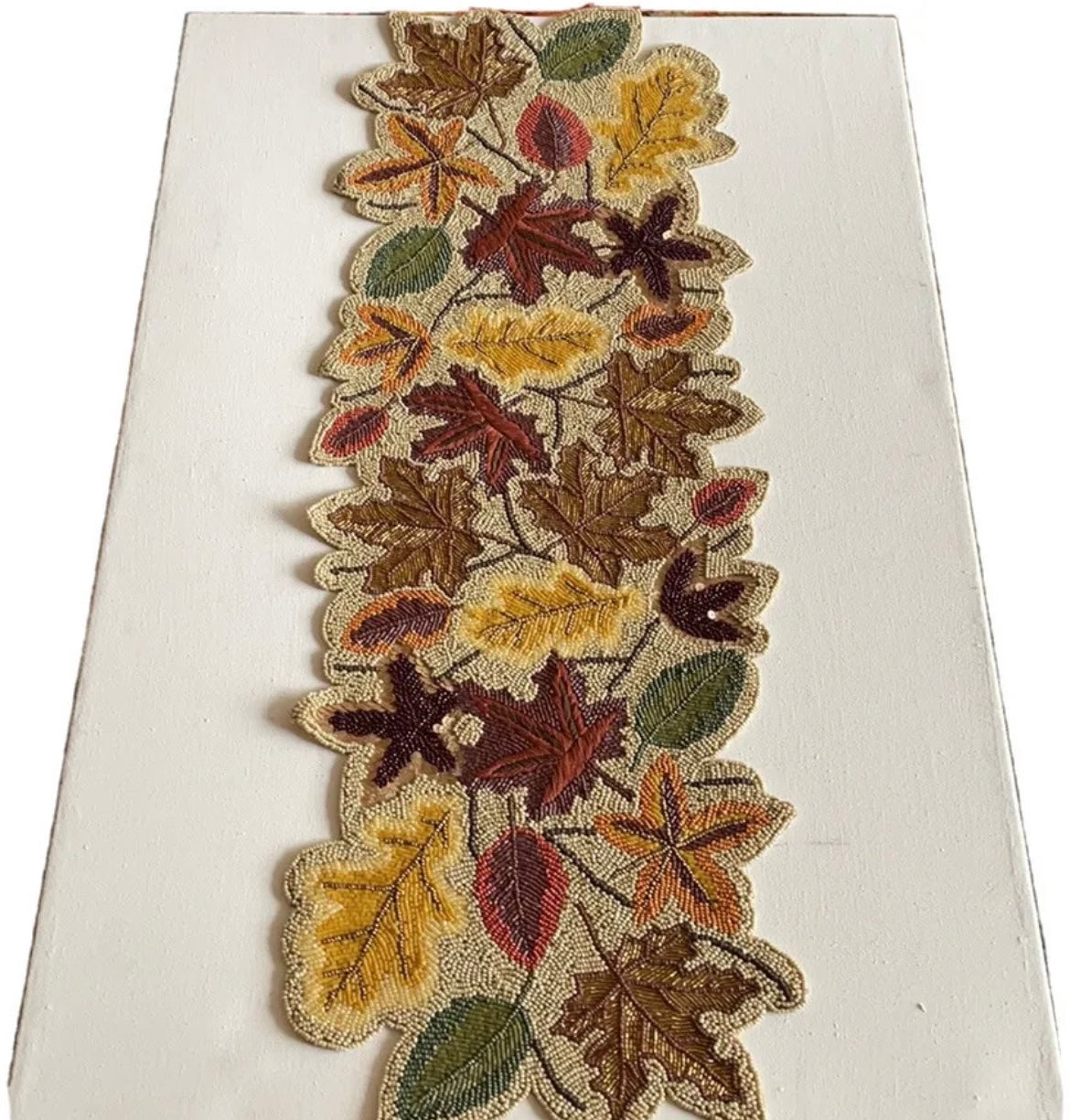 New Nicole Miller Fall Beaded Table Runner Autumn Leaves Thanksgiving New 13”x36