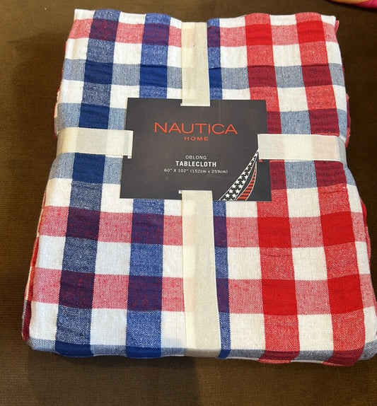 Nautica Tablecloth Americana Red White Blue 4th of July 60”x 102” Plaid Stitch