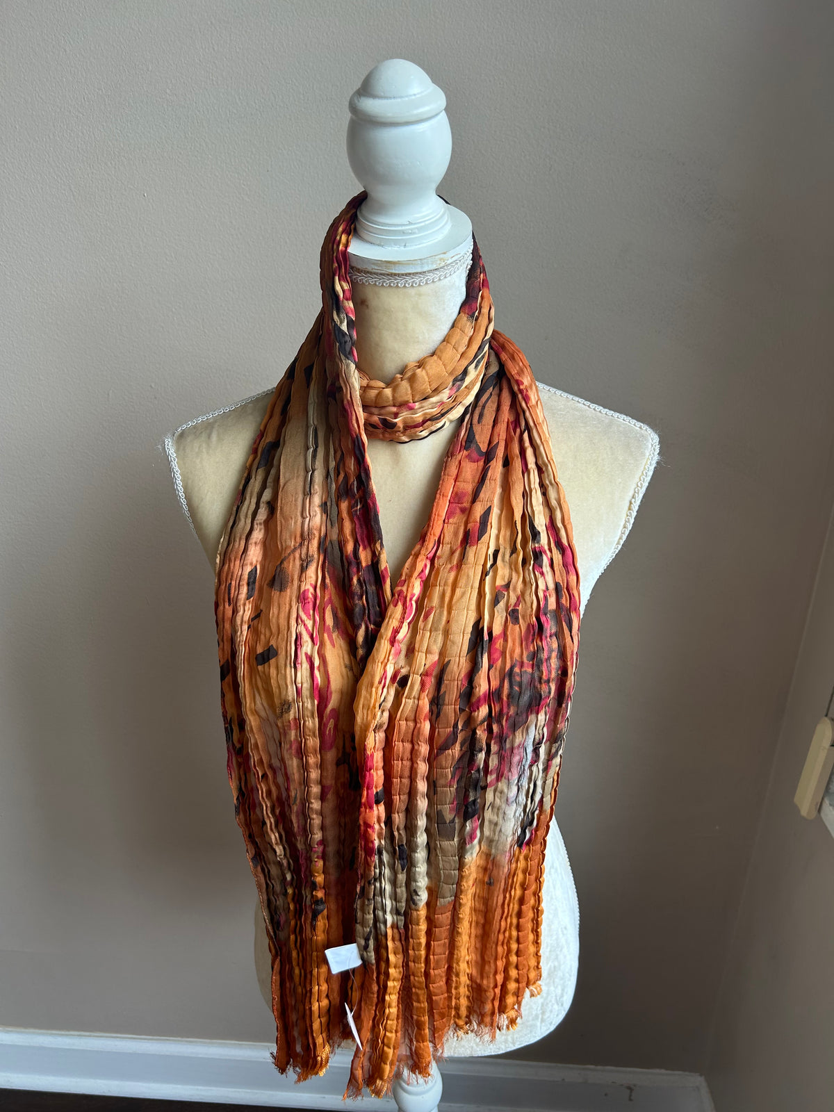 New Womens Pleated Printed Scarf Fall Colors Raw Edges 5000-3100