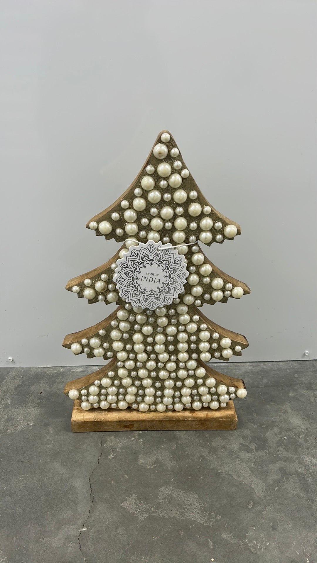 New Wood Christmas Tree With Pearls Shimmery Holiday Decor 16.5” Tall