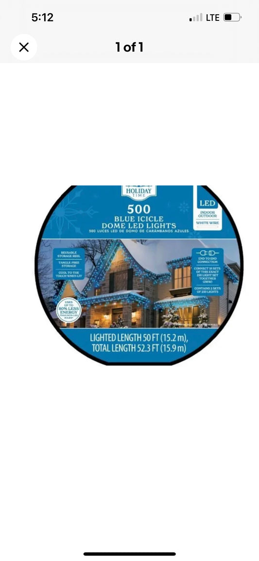 Holiday Time 500-Count Blue LED Dome Icicle Christmas Lights, 52.3 feet