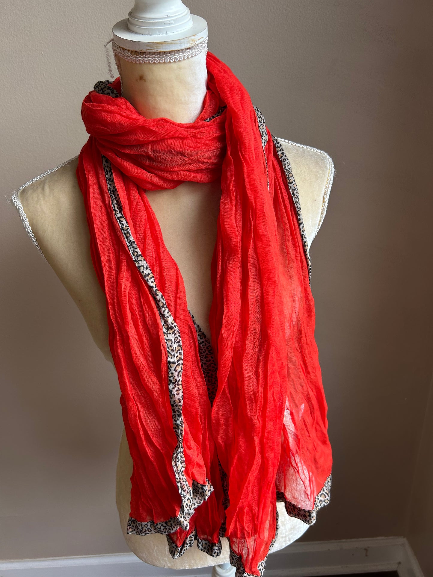 New York & Company Womens Orange Crinkle Scarf  Animal Print Edges New 5000-3102