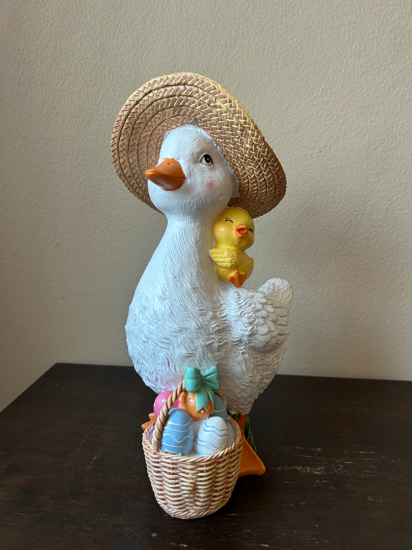 New Easter Duck Wearing Straw Hat With Easter Egg Basket Figurine 11” Tall
