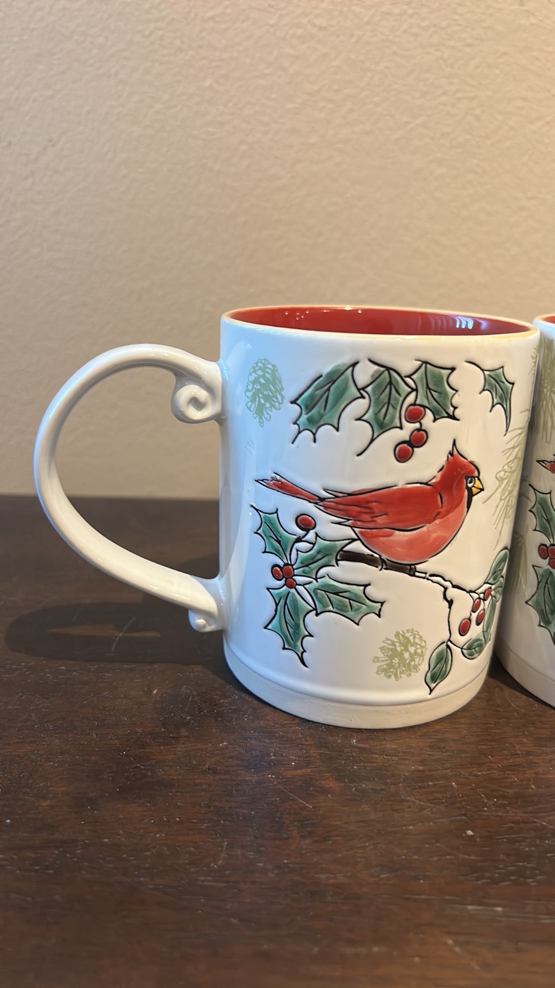 Set Of 2 Eli & Ana Red Cardinal Christmas Stoneware Coffee Mug New Holly Berry