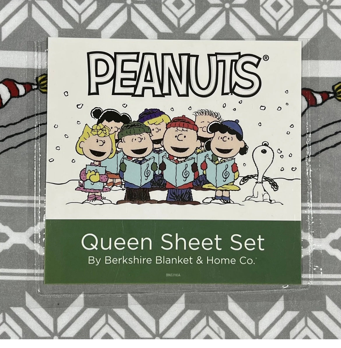 Berkshire Peanuts Christmas Size QUEEN SHEET SET Snoopy Ice Skating Sledding NEW