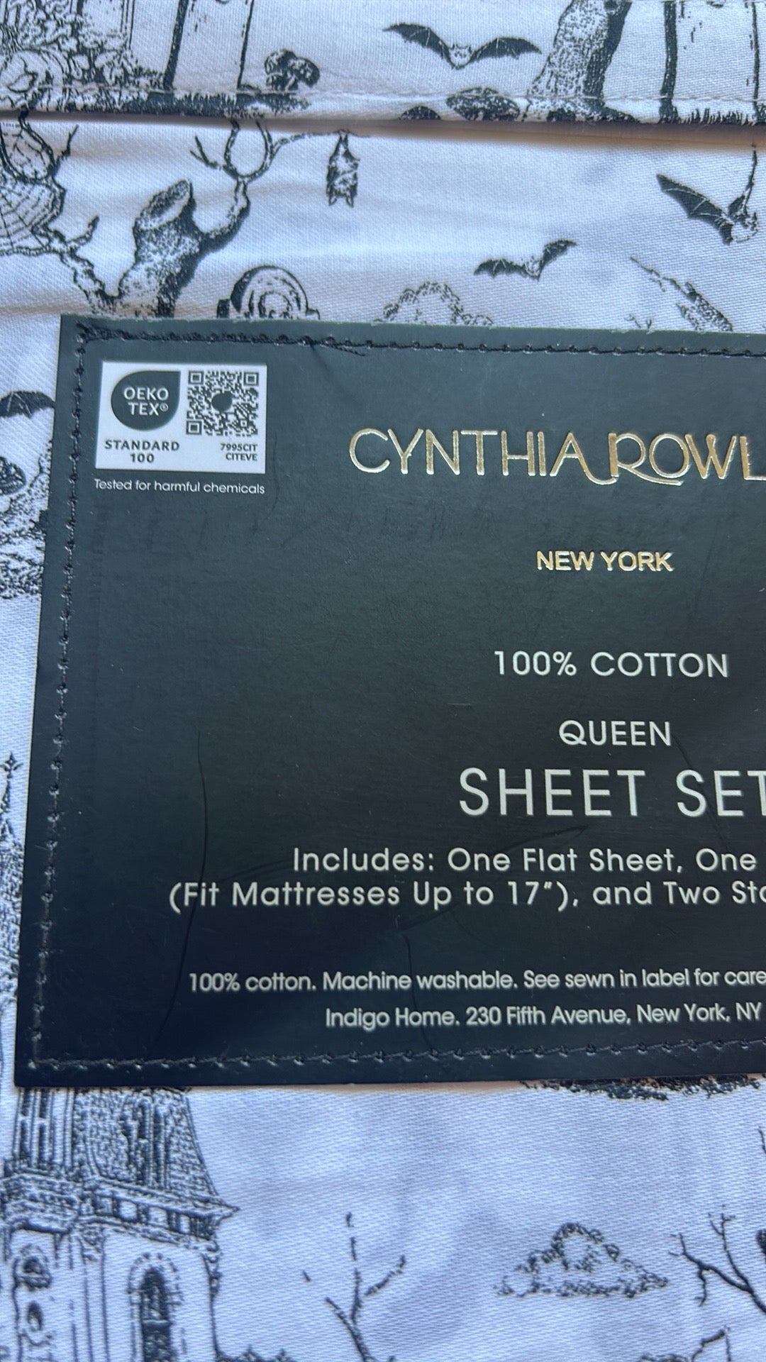 CYNTHIA ROWLEY New Halloween Haunted Toile Black White Queen Sheet Set 4PC