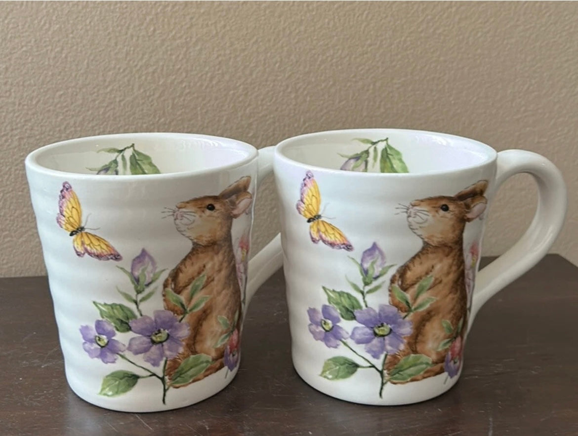 Coffee Mugs Set Of 2 Cups New Easter Bunny Floral Spring Pattern