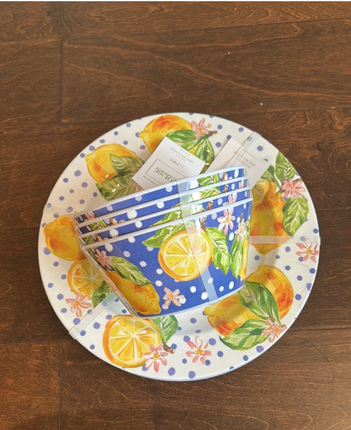 House & Garden Lemon Polka Dot Print Melamine Dinner plates  & Bowl 8 Pc Set New