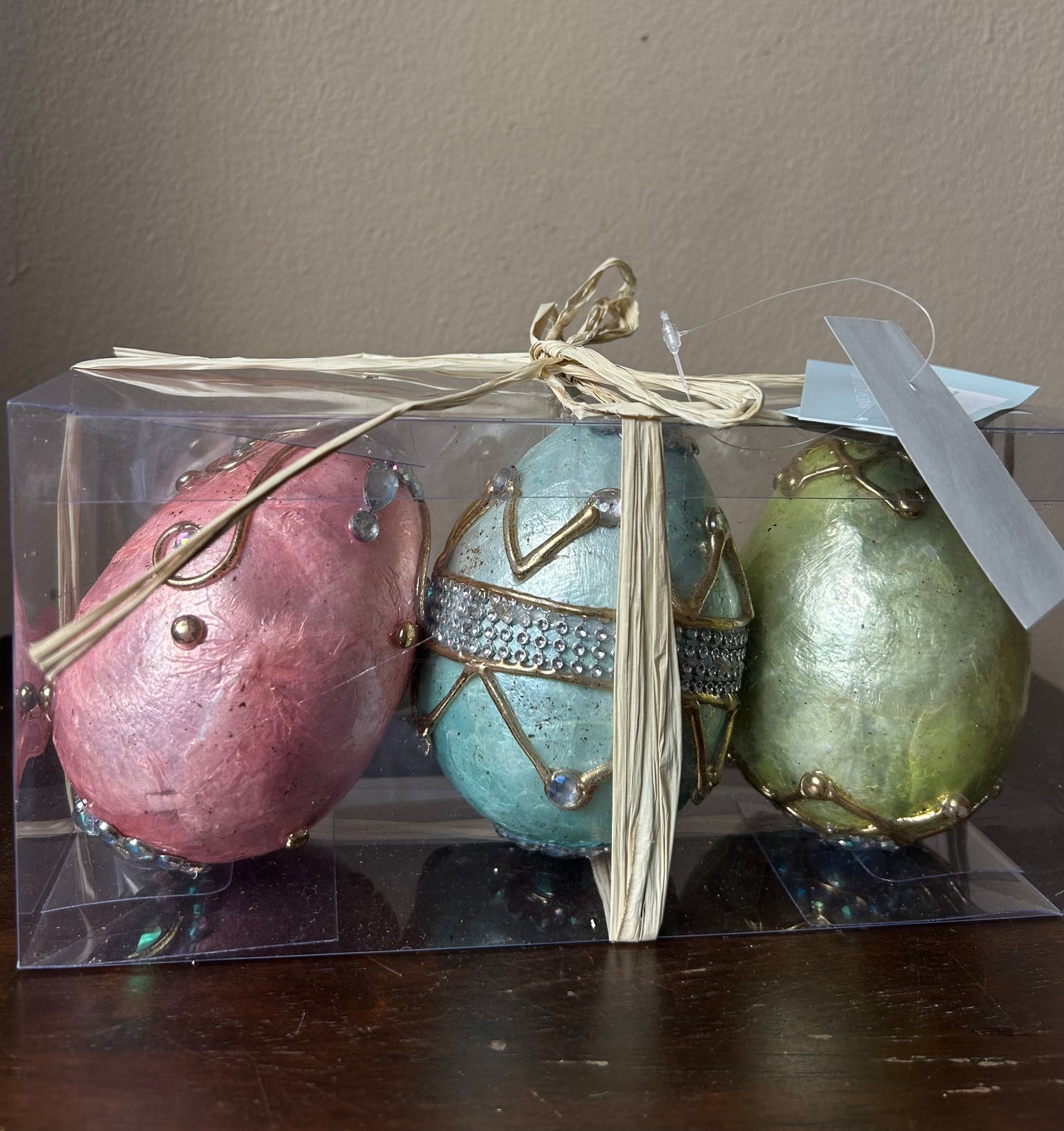 Easter Embellished EGG Jewel Capiz Egg Tabletop 5" Set of 3 Pastel Colors