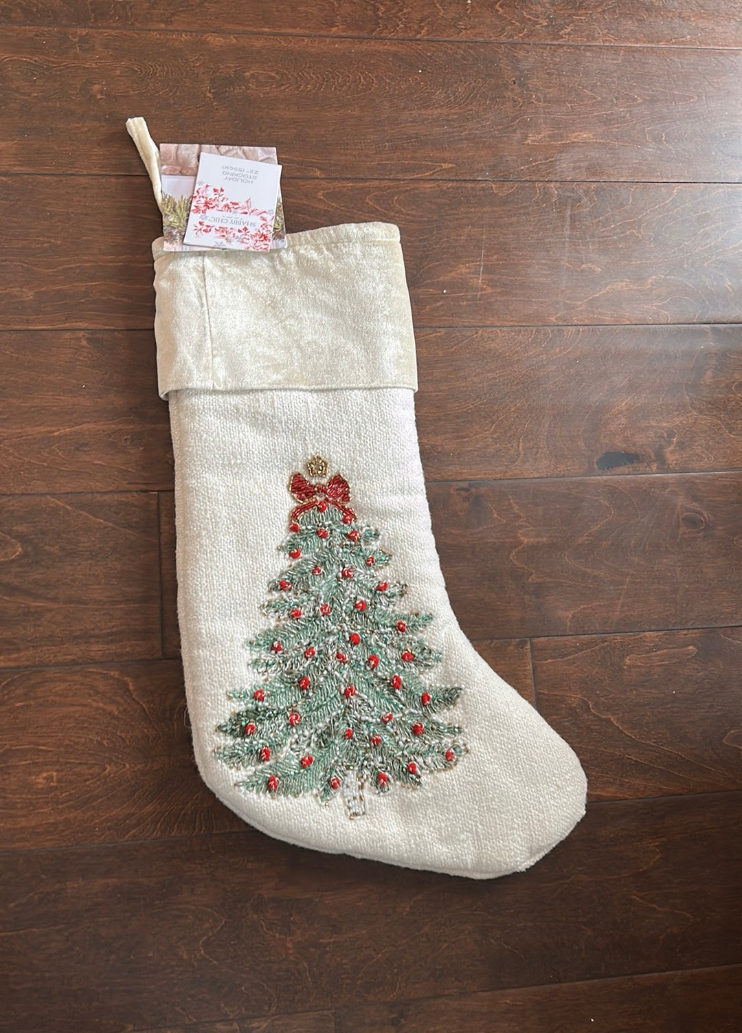 Shabby Chic Christmas Stocking 22”  New Embroidered Tree Beaded