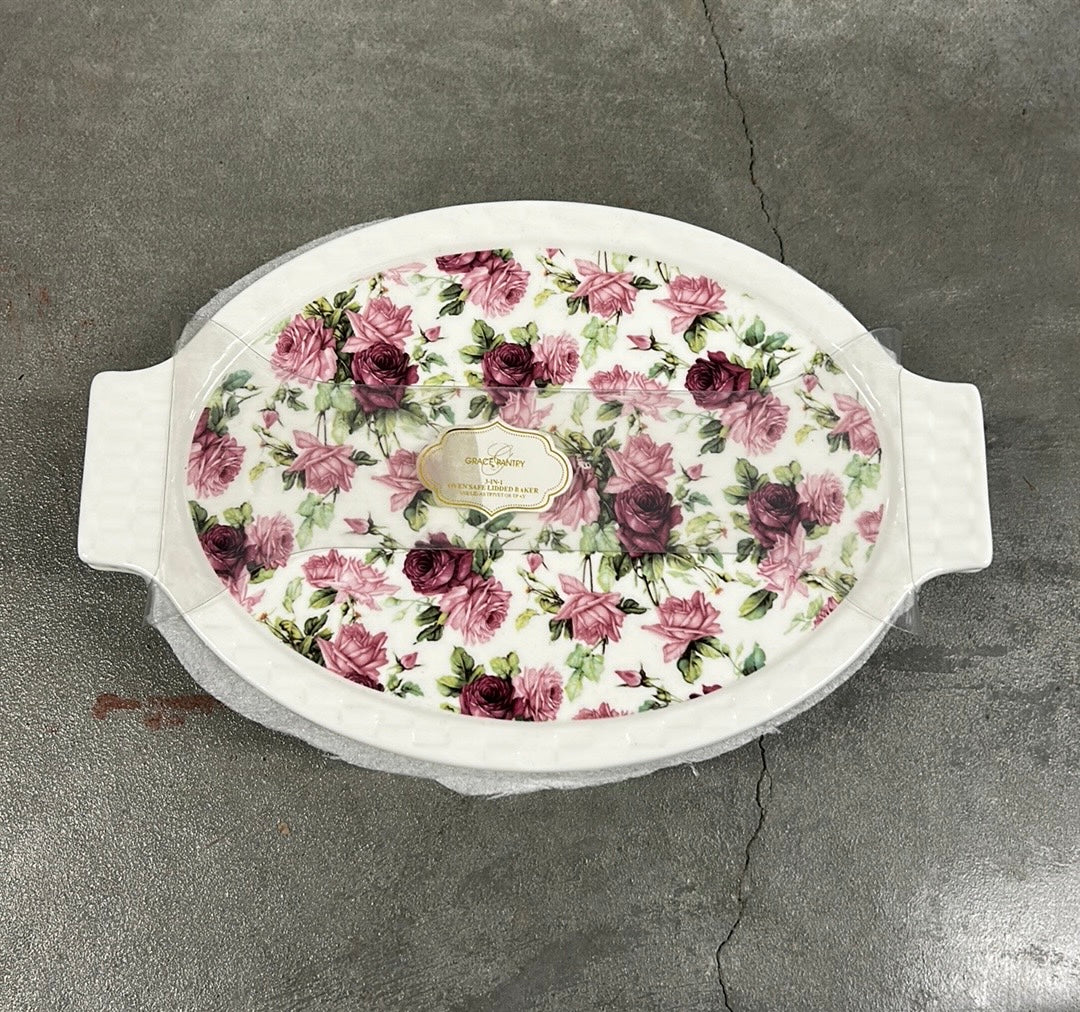 Grace's Pantry 3 in 1 Floral Oval Baker Casserole Dish w/ Lid NEW