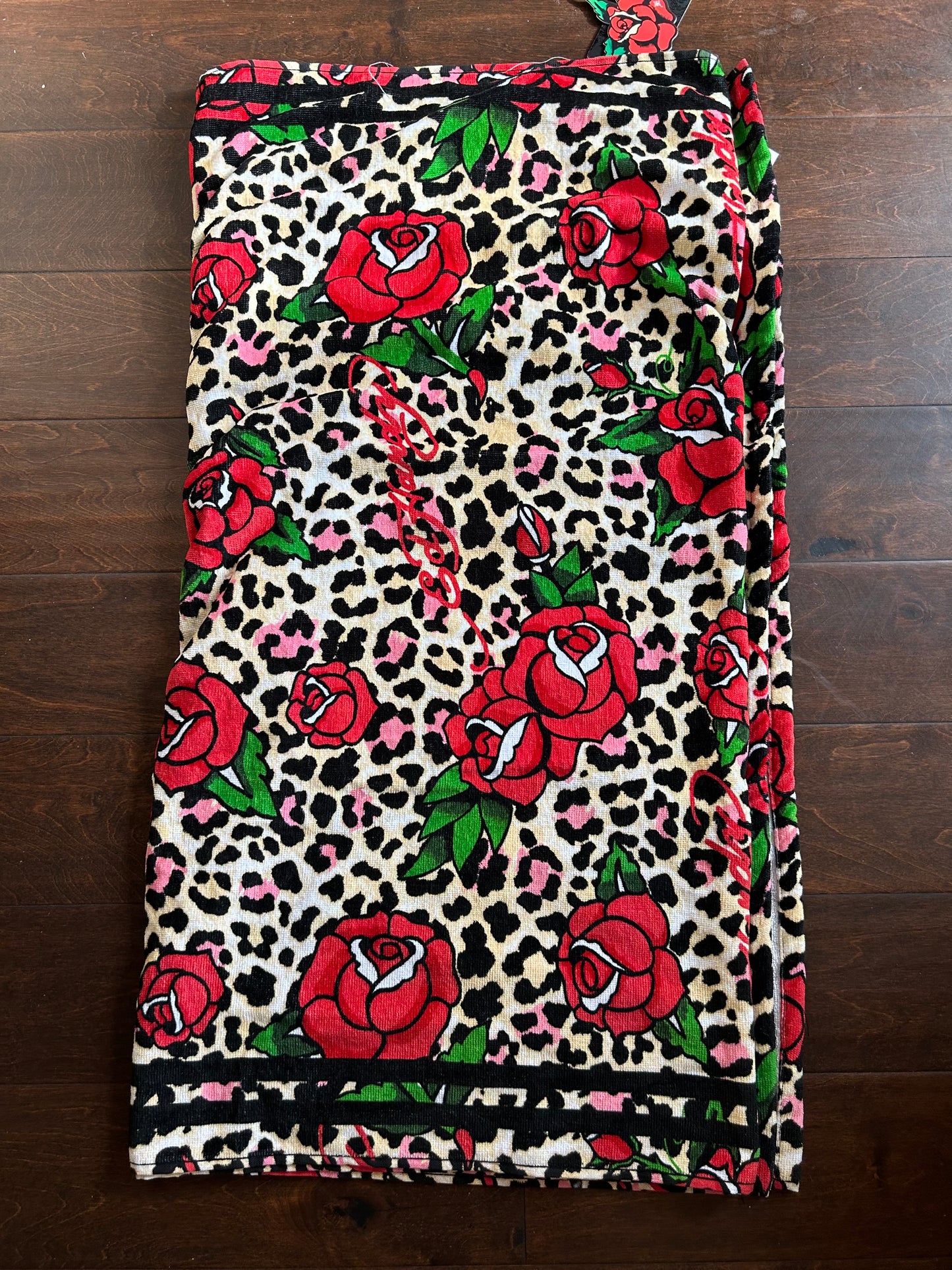 Ed Hardy Beach Towel Brand New 36”x72” Leopard Print Roses