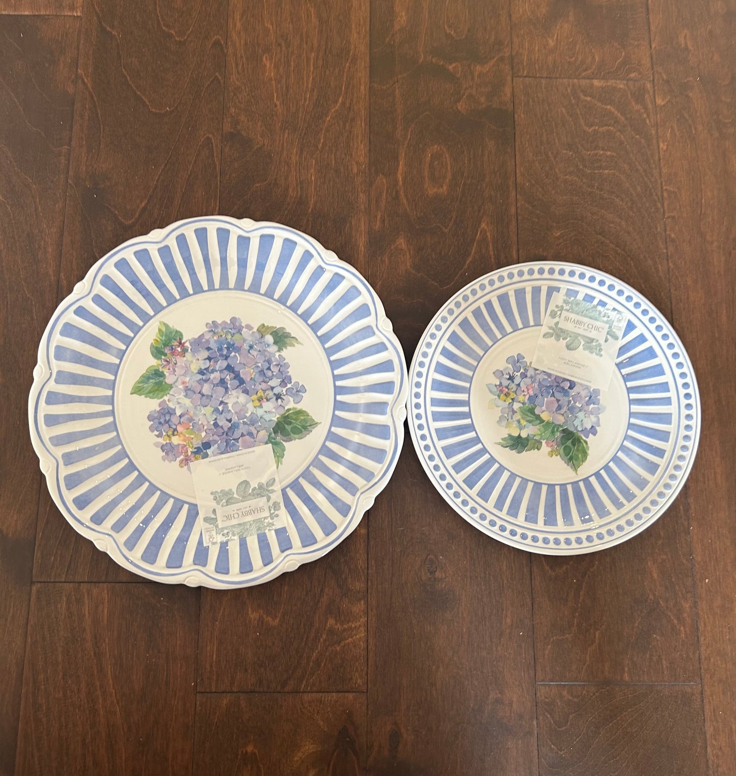 Shabby Chic 8 Pc Melamine Dinnerware Set Hydrangeas Striped Floral New