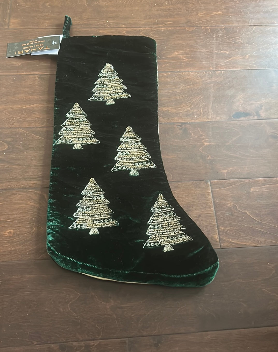 Tahari Beaded Stocking Christmas Trees Green Velvet 22” New Beaded