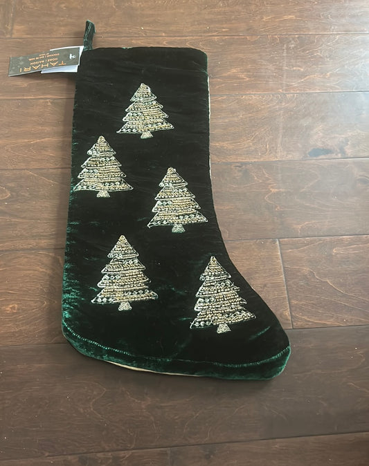 Tahari Beaded Stocking Christmas Trees Green Velvet 22” New Beaded