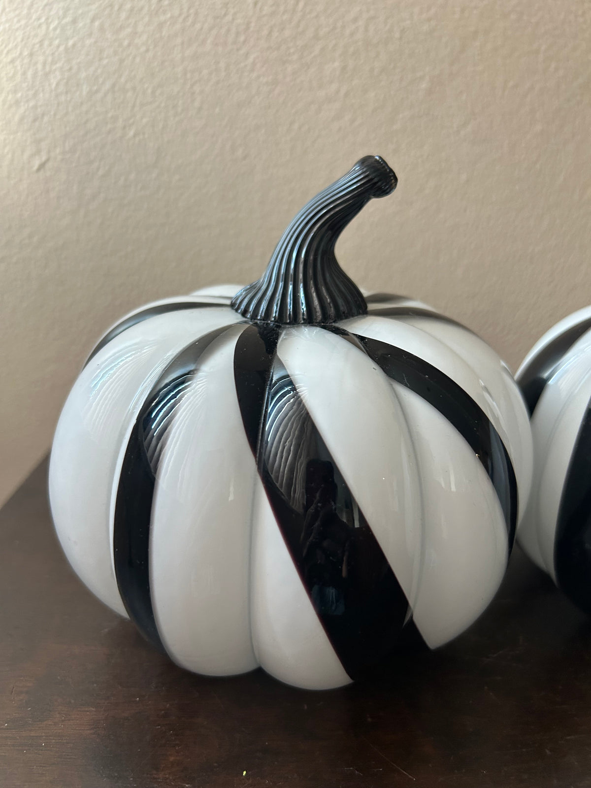 Set Of 2 Black White Striped Pumpkin New Glass Fall Mackenzie Childs Look