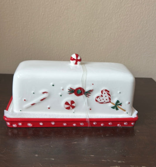 Potters Studio Butter Dish Christmas New Peppermint Candy Cane