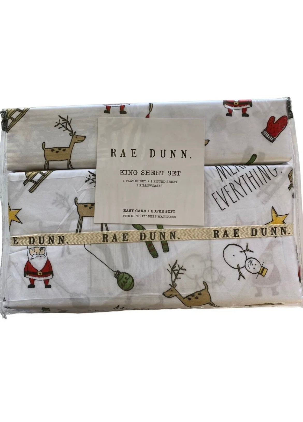 Rae Dunn Merry Everything Christmas Holiday Santa Snowman King Size Sheet Set