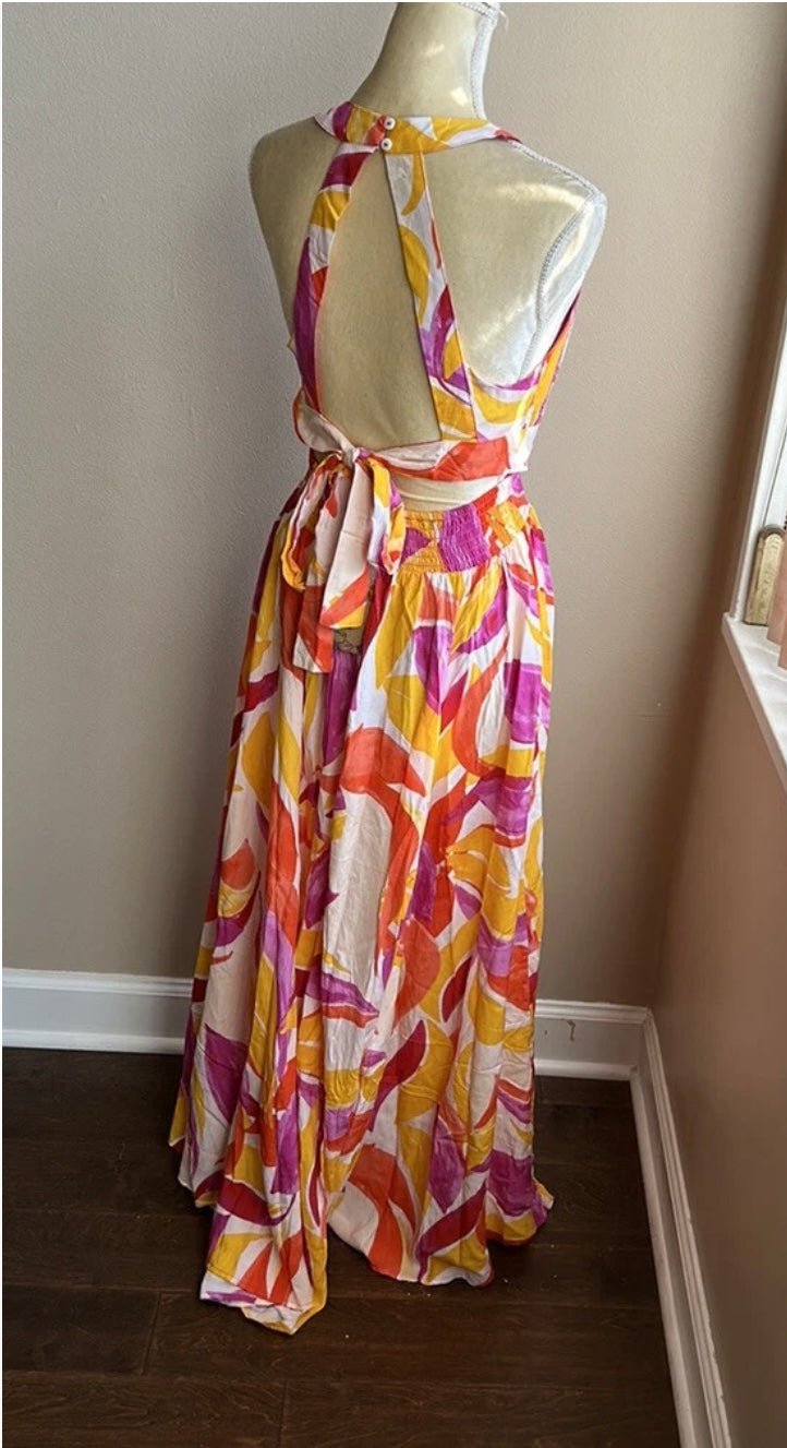 Abel the Label Anthropologie Rumi Maxi Dress NWT Yellow Purple Sexy Back