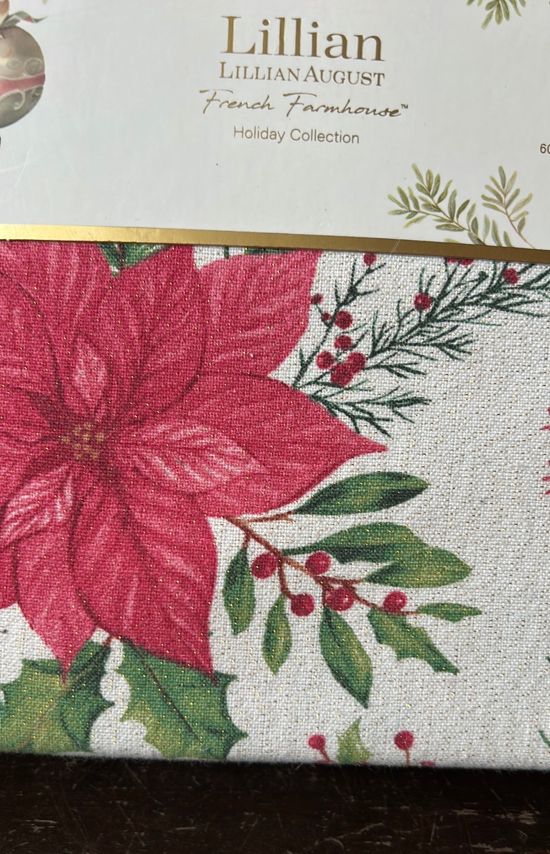New Lillian August Christmas Tablecloth 60”x144” Poinsettia Holly Berry Shimmery
