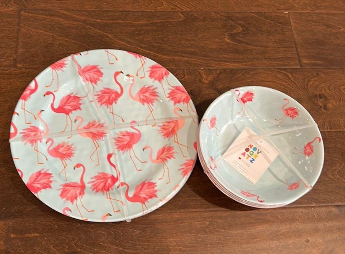 Novogratz Flamingo 4 Dinner Plates & 4 Bowls New Melamine Dinnerware