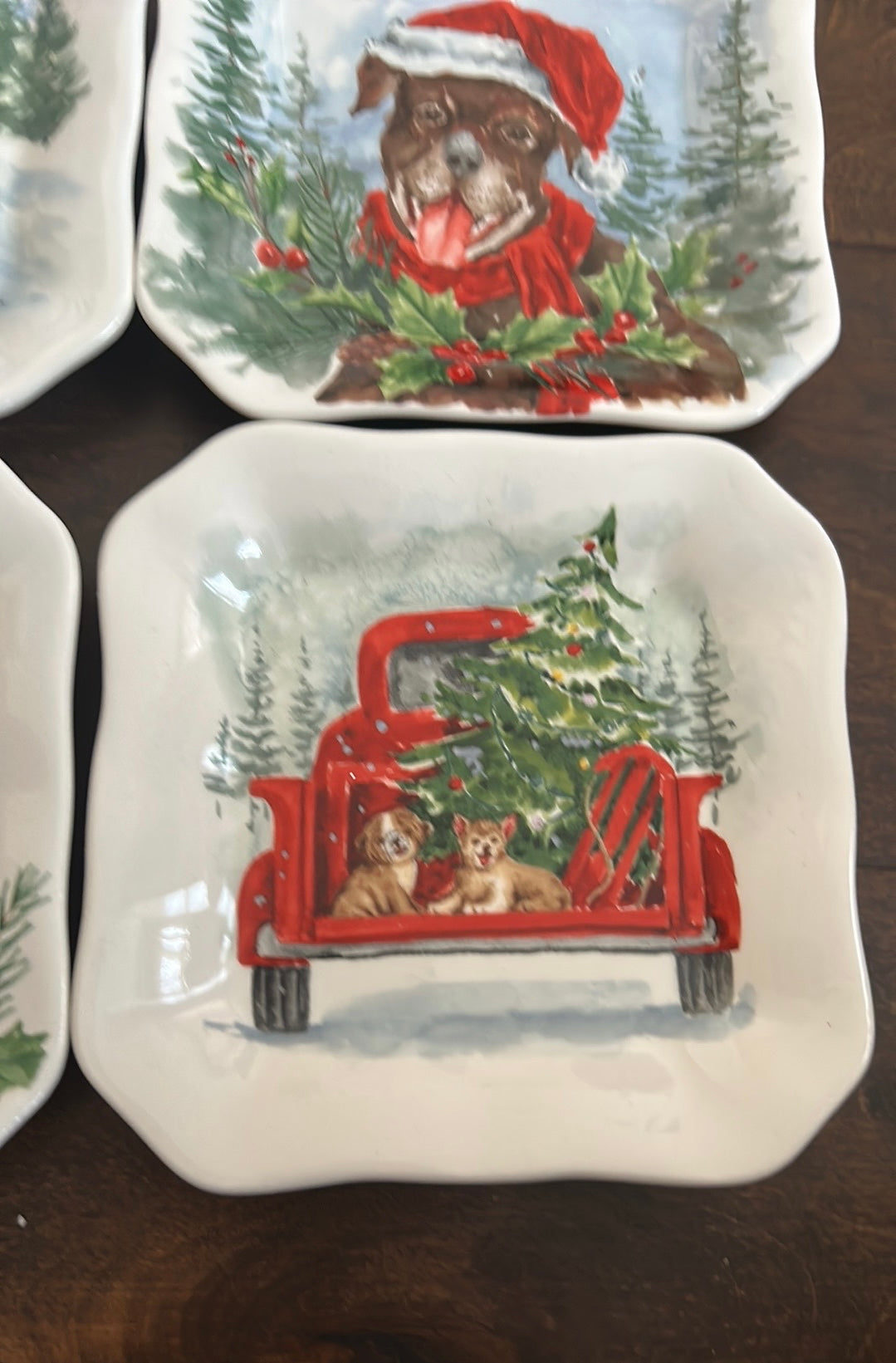 Maxcera Set Of 4 Christmas Appetizer Plates New Dogs Evergreen Trees