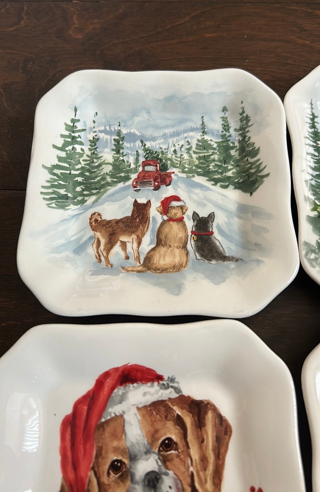 Maxcera Set Of 4 Christmas Appetizer Plates New Dogs Evergreen Trees