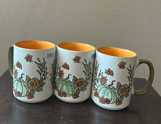 Eli & Ana Fall Thanksgiving Pumpkin Floral Ceramic Mugs/Cups Set of 3 18 Oz