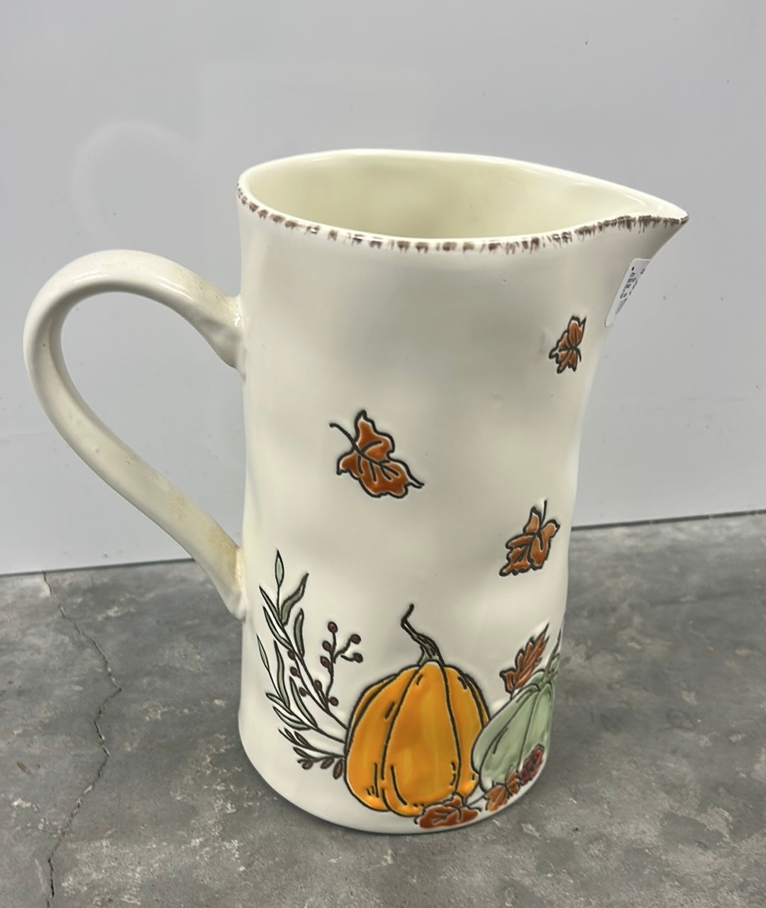 Eli & Ana Fall Thanksgiving Pumpkin Ceramic Pitcher Vase New Etched 7.5” Tall