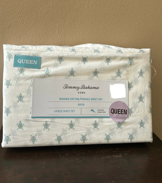NEW 4pc Tommy Bahama Queen Set Tropical Turtle Cotton Percale New Nautical