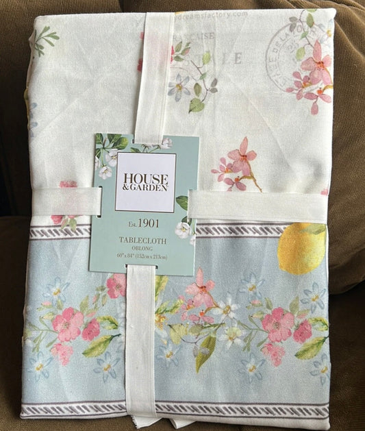 House & Garden Spring Tablecloth 60”x 84” Floral Lemons Print Script
