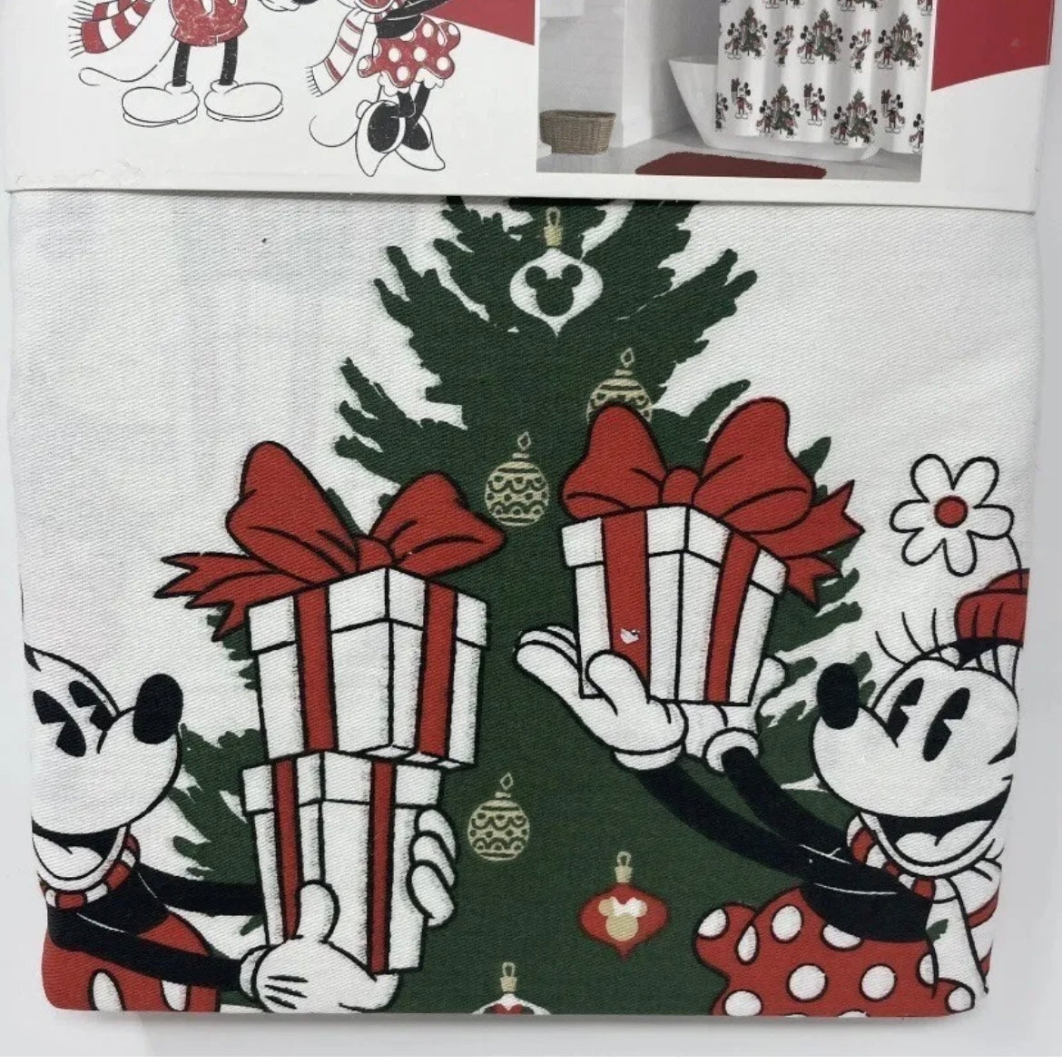 Disney Mickey & Minnie Mouse Shower Curtain Christmas Tree Gifts 72”x72” NEW