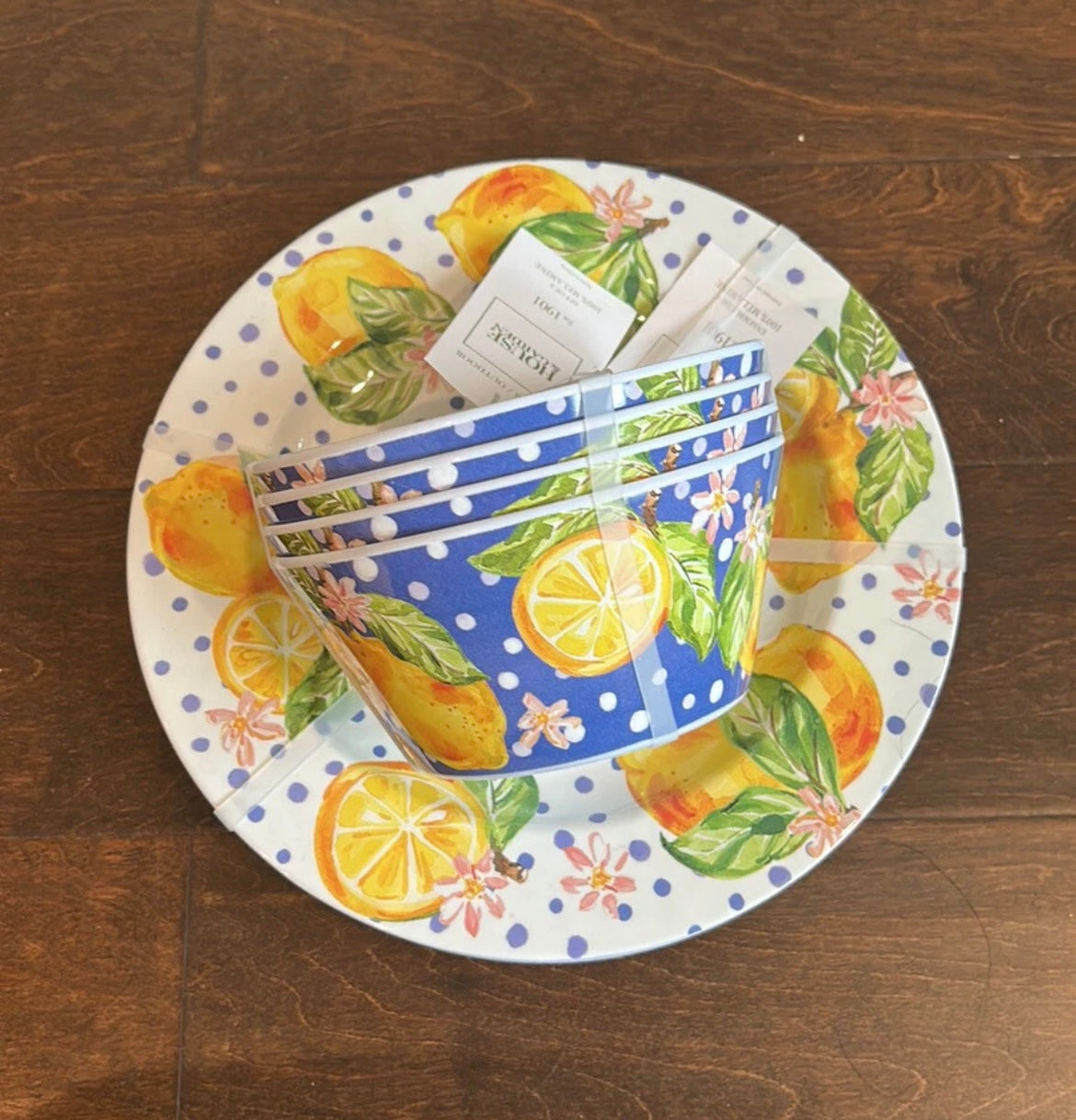 House & Garden Lemon Polka Dot Print Melamine Dinner plates  & Bowl 8 Pc Set New