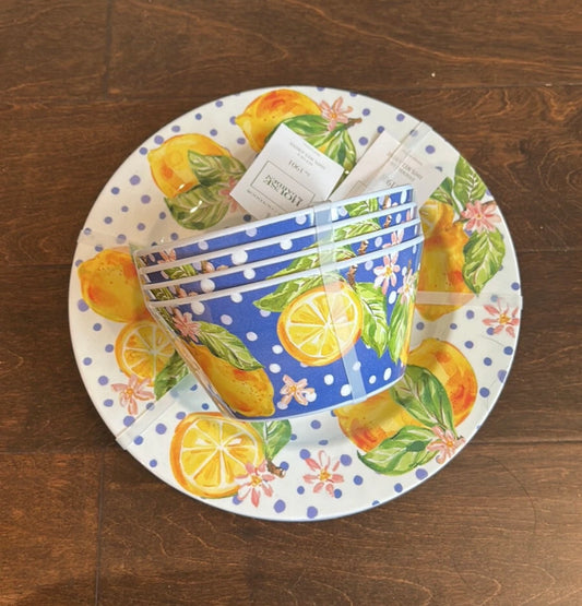 House & Garden Lemon Polka Dot Print Melamine Dinner plates  & Bowl 8 Pc Set New
