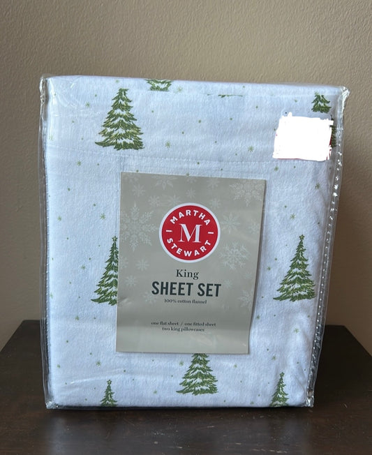 Martha Stewart King Sheet set Christmas Evergreen Trees New Cotton Flannel