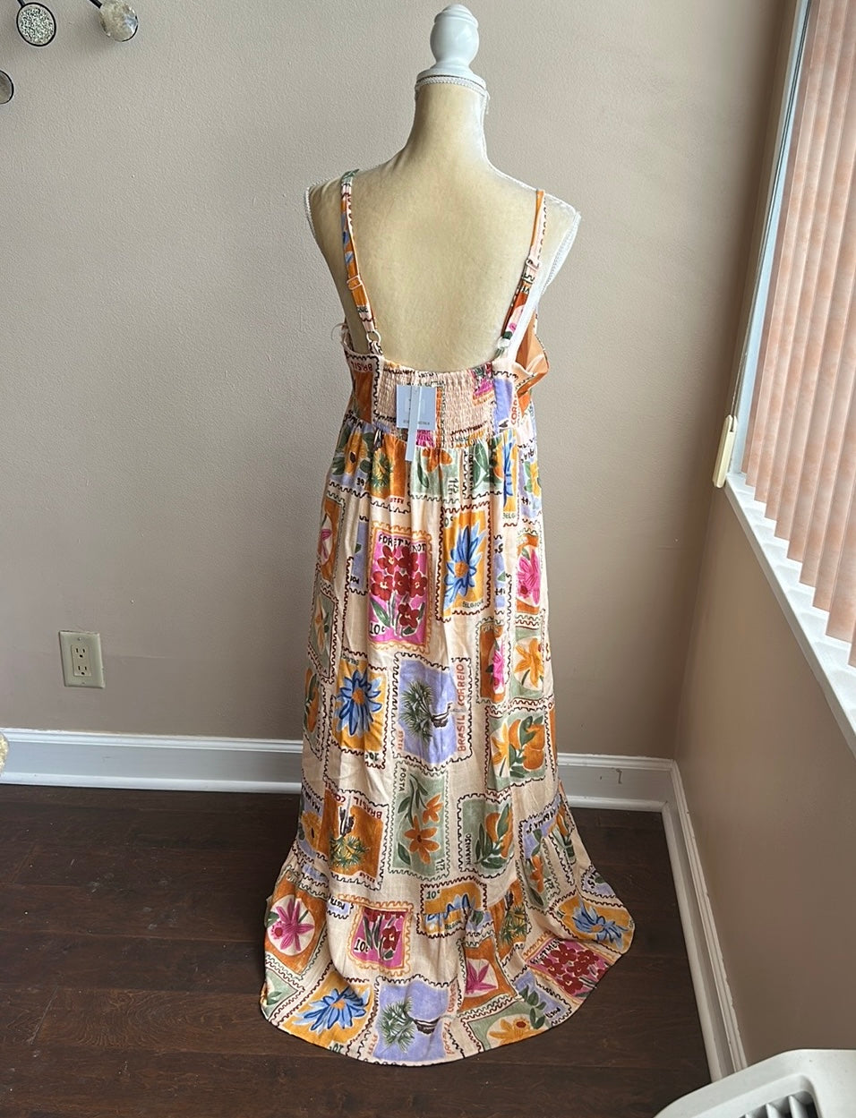 Paper Heart Womens Summer Dress Linen Blend Sz L Floral Stamps  New