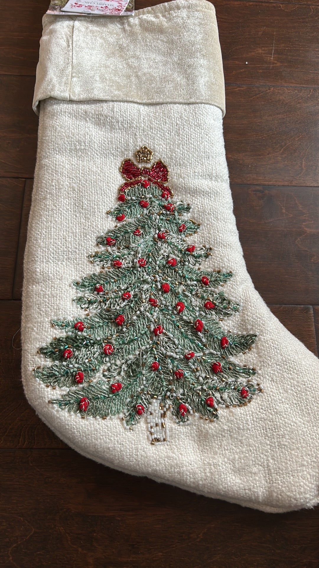 Shabby Chic Christmas Stocking 22”  New Embroidered Tree Beaded