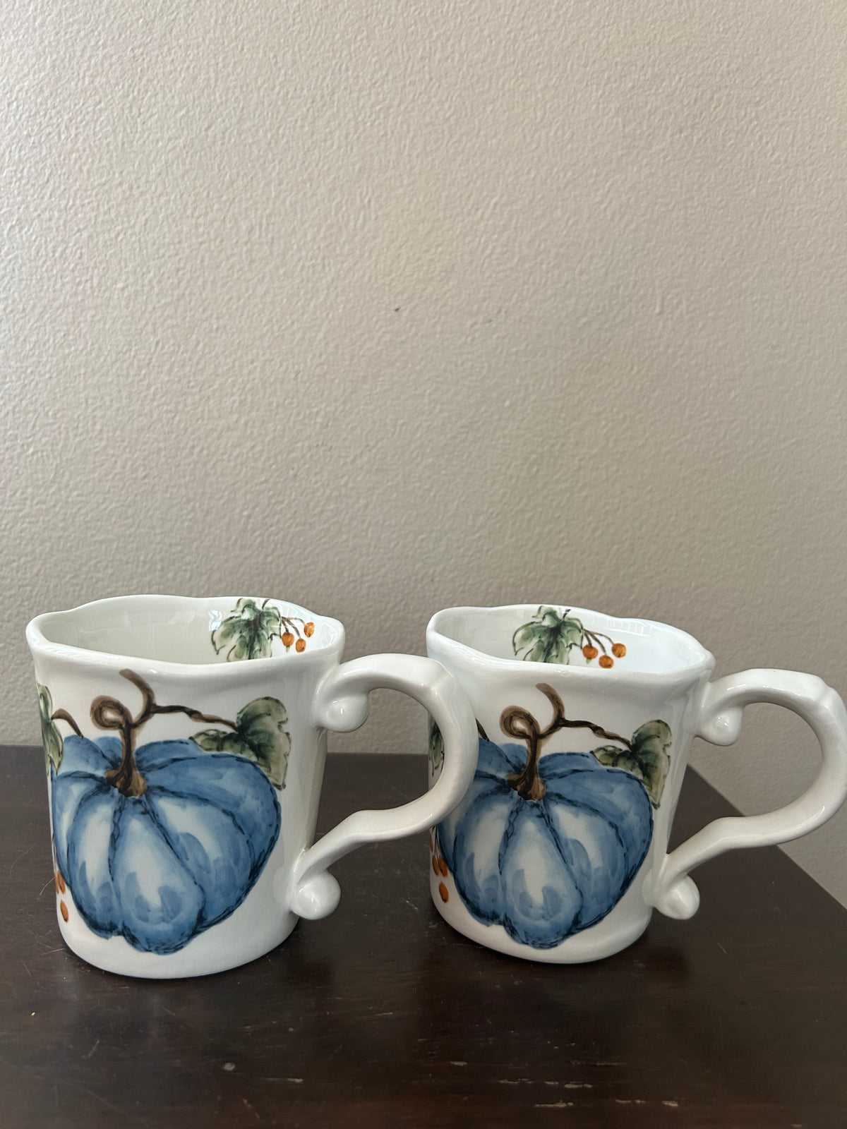 Set Of 2 Pumpkin Fall Coffee Mugs Cups New Thanksgiving Leaves Ceramic Blue