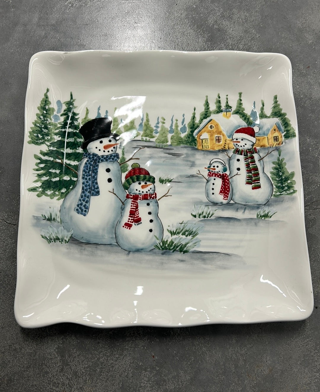 Maxcera 4 Dinner Plates Ceramic Square Snowman Family Christmas Scene New
