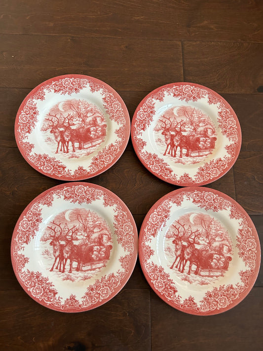 Royal Stafford Light Red Santa Sleigh Reindeer Christmas Set Of 4 Salad Plates